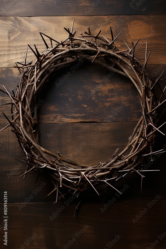 Thorny crown of thorns on wooden background Thorny crown of thorns on wooden background