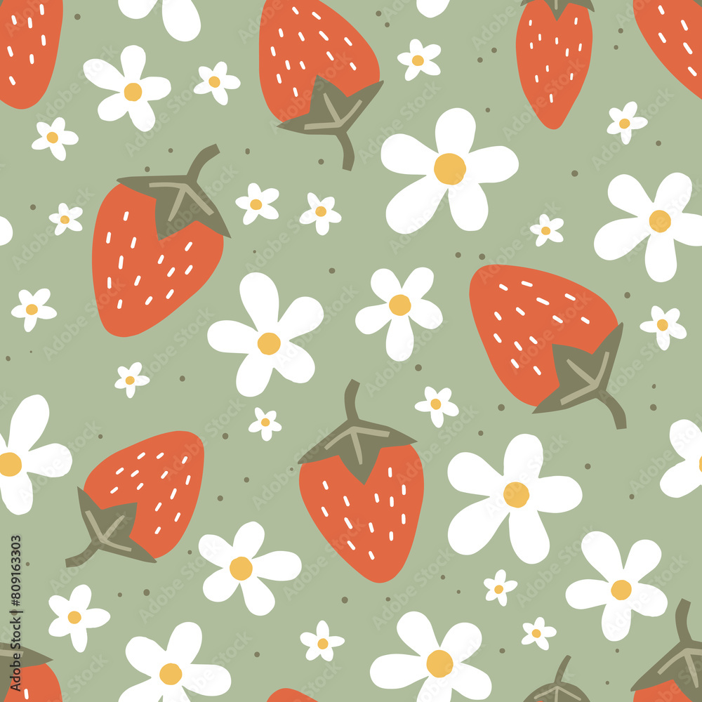 Strawberries and Daisies on sage green seamless pattern. Vector background Strawberries and Daisies on sage green seamless pattern. Vector background