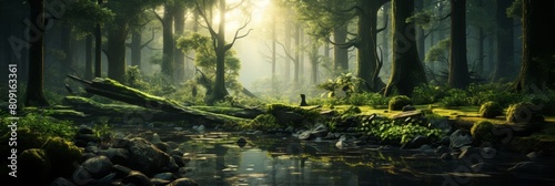 Enchanting forest landscape with lush greenery and sunlight