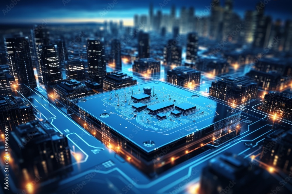 futuristic cityscape with circuit board technology