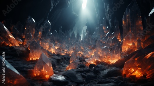 Fiery crystal cavern with glowing rocks photo