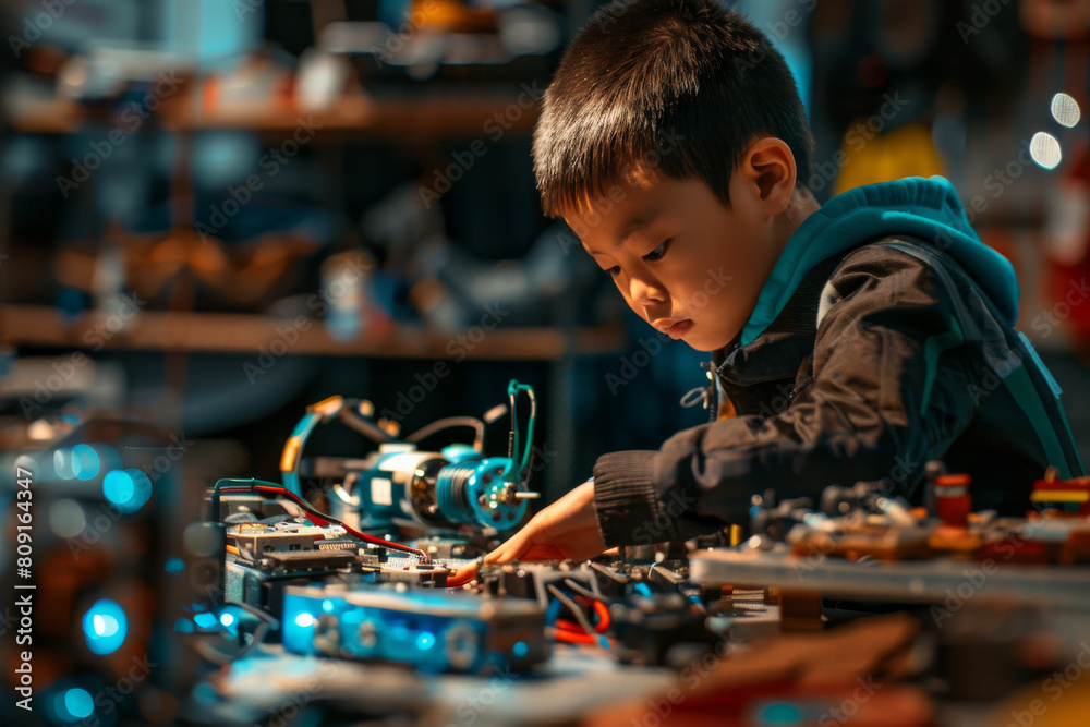 A young boy in a black jacket is working on electronics
