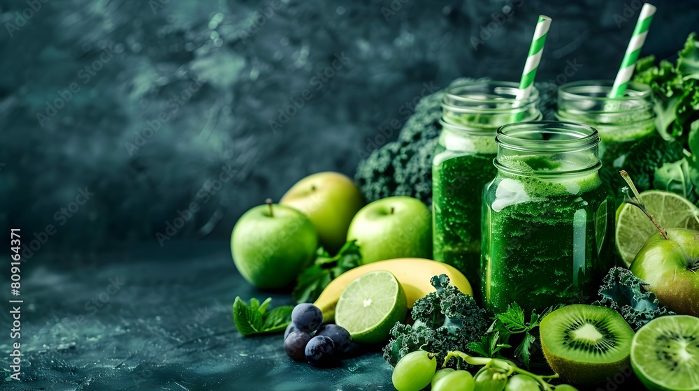 Glass jar mugs with green health smoothie, kale leaves, lime, apple, kiwi, grapes, banana, avocado, lettuce. Copy space. Raw, vegan, vegetarian, alkaline food concept. Banner Glass jar mugs with green health smoothie, kale leaves, lime, apple, kiwi, grapes, banana, avocado, lettuce. Copy space. Raw, vegan, vegetarian, alkaline food concept. Banner