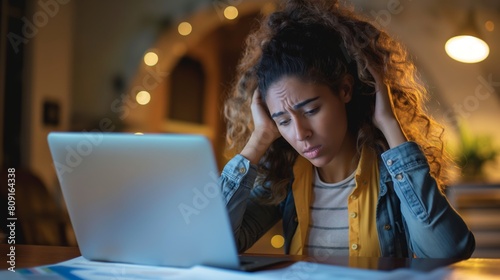 Stressed Young African American Woman Working Late on Laptop in Cozy Cafe