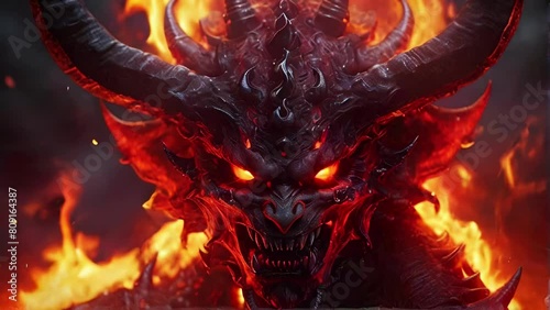 Hellish demon lord with fiery eyes and black horns in a hell. Fierce fantasy creature in a fiery environment. Concept of Halloween, horror, mythical villain, dark art, and fantasy world. Motion photo