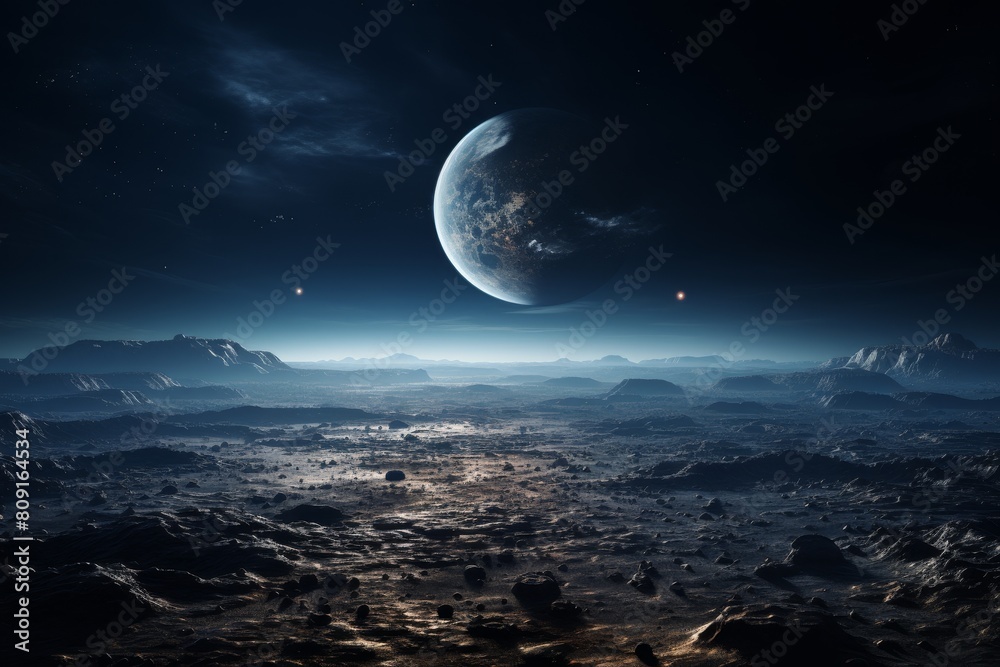 Breathtaking alien landscape with crescent moon