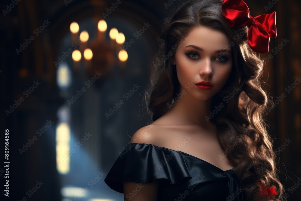 Fototapeta premium Elegant woman with red bow in dark hair