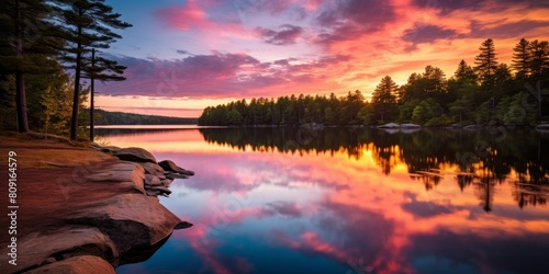 Serene sunset over a tranquil lake surrounded by pine trees