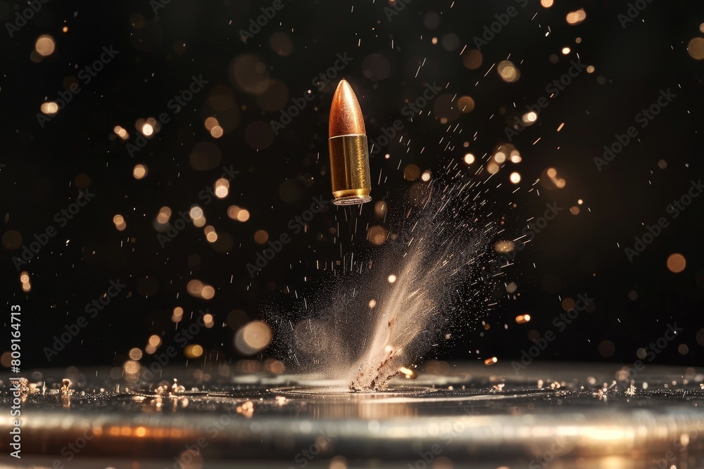 A close-up view of a bullet making impact on a glass surface, creating shattering patterns, A bullet hitting a steel plate with a loud clang A close-up view of a bullet making impact on a glass surface, creating shattering patterns, A bullet hitting a steel plate with a loud clang