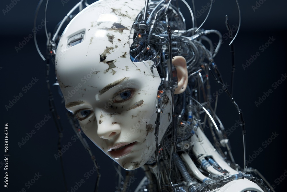 Futuristic robot face with damaged skin and wires Futuristic robot face with damaged skin and wires