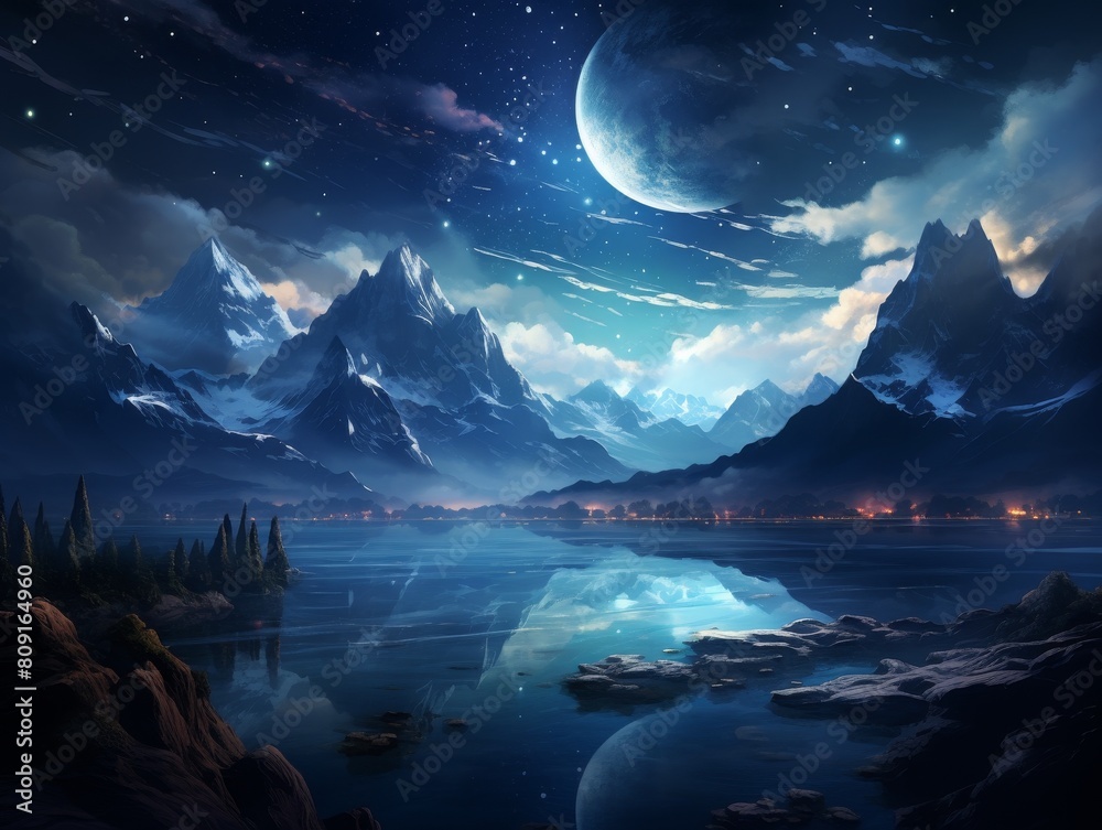 Serene mountain landscape under a starry night sky