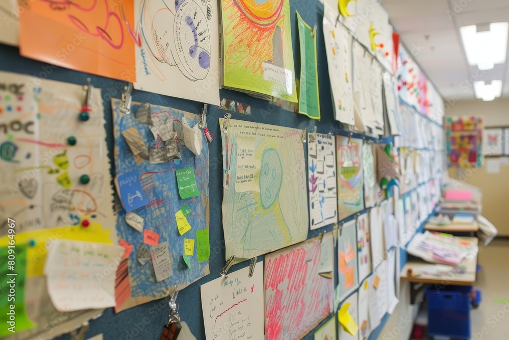 A wall covered in various colored papers, showcasing student work and announcements, A bulletin board filled with student work and announcements A wall covered in various colored papers, showcasing student work and announcements, A bulletin board filled with student work and announcements