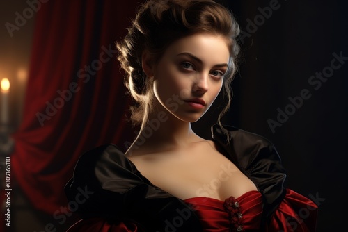 Dramatic portrait of a woman in a red and black dress