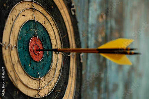 Close-up of a target with one arrow successfully hitting the center bullseye, A bullseye with arrows pointing towards it