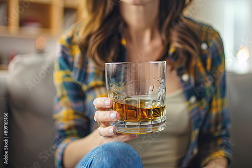 alcoholism, alcohol addiction and people concept - drunk woman or female alcoholic drinking whiskey at home
 photo