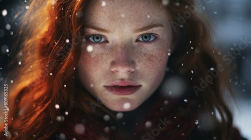 Captivating redheaded woman with striking green eyes in the snow