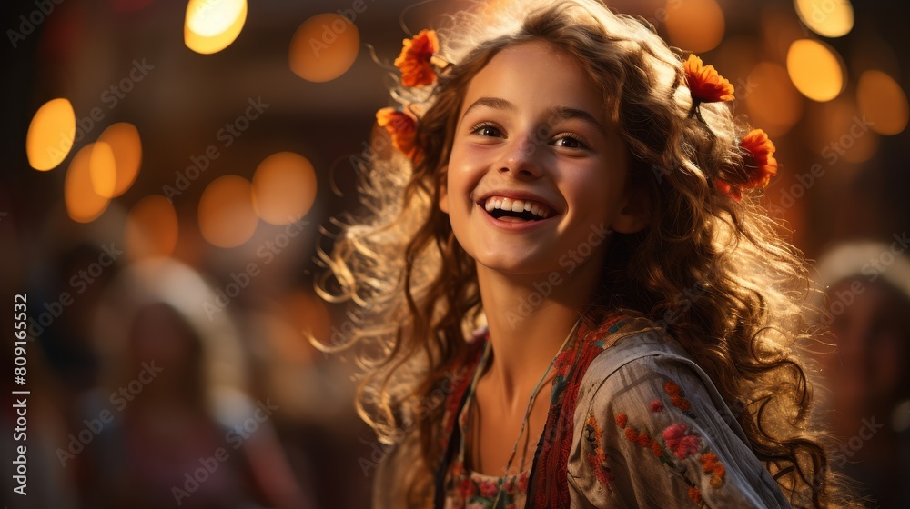 Smiling girl with curly hair and flower crown Smiling girl with curly hair and flower crown
