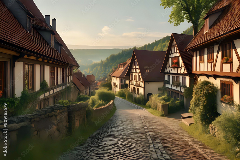 Fototapeta premium indylic village in Thuringia Germany with half-timbered houses