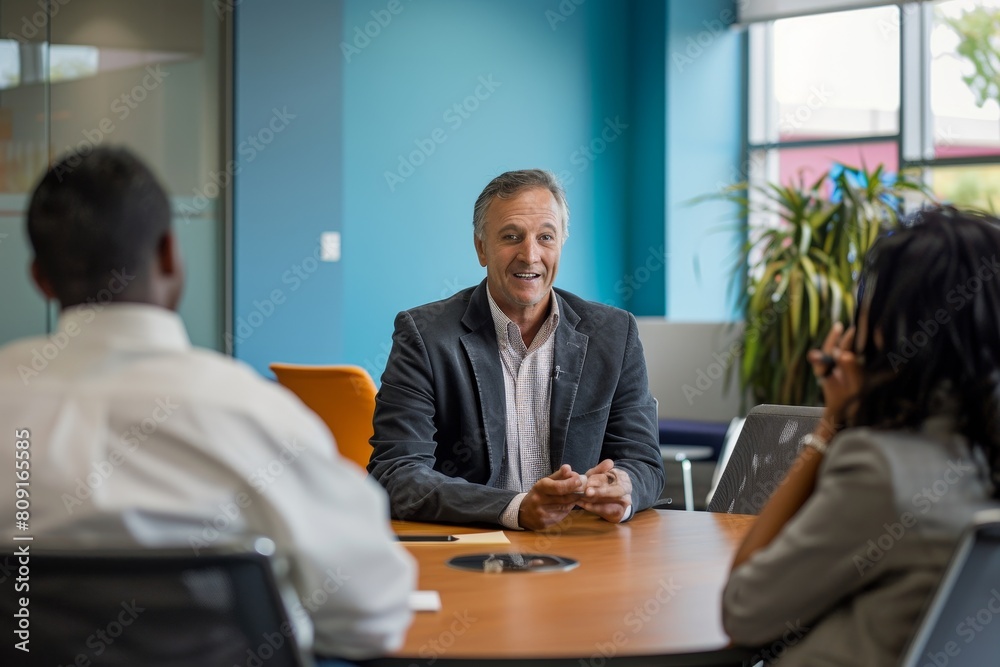 Diverse group of professionals discussing ideas and strategies during a meeting at a conference table in a modern office setting, A business man consulting with his team in a modern office Diverse group of professionals discussing ideas and strategies during a meeting at a conference table in a modern office setting, A business man consulting with his team in a modern office