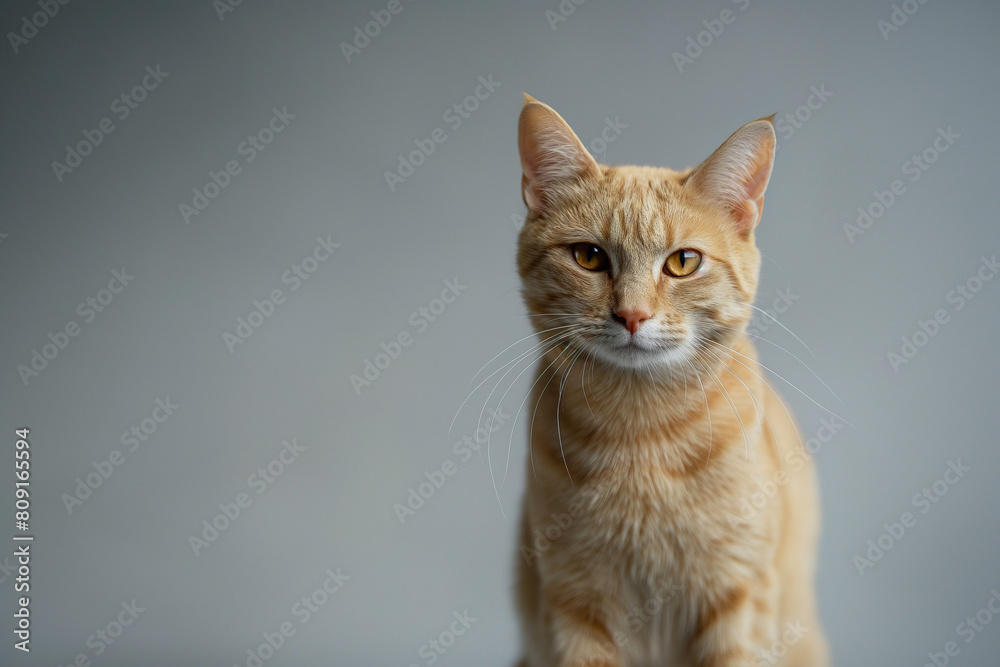 Portrait of a beige cat on clear grey background. Minimal concept. Copy space.
