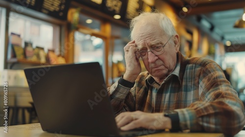 Pensive Senior Man Using Laptop in a Busy Coffee Shop