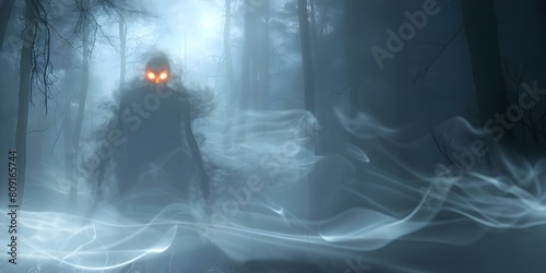 Sinister spectral entity with fiery red gaze lurks in spooky nighttime forest. Concept Horror Photography, Ghostly Portrait, Darkness & Shadows, Mysterious Woods, Supernatural Entities