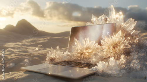 there is a laptop computer sitting on a pile of crystals photo