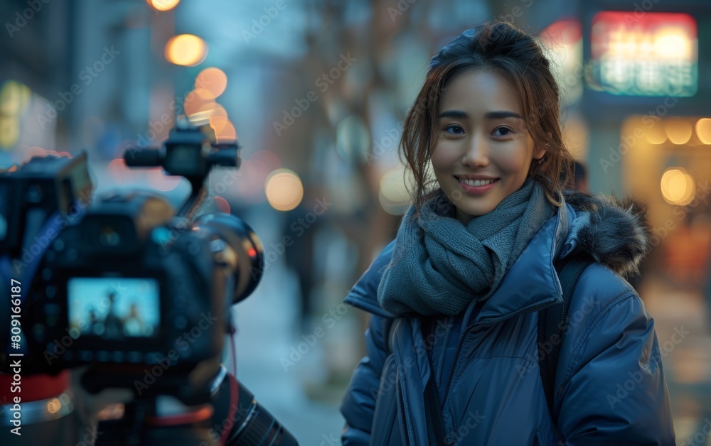 Fototapeta premium A woman confidently stands in front of a camera in the bustling city street, ready to capture the moment