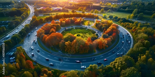 Aerial view of vehicles circling a traffic circle on a rural road. Concept Aerial Photography, Traffic Circle, Rural Road, Vehicle Circulation, Transportation photo
