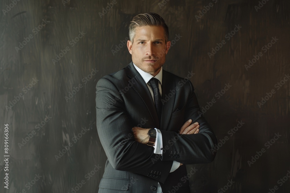 A man in a suit standing confidently with his arms crossed, A businessman in a sleek suit, standing confidently with arms crossed A man in a suit standing confidently with his arms crossed, A businessman in a sleek suit, standing confidently with arms crossed