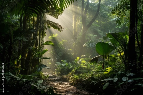 Lush tropical rainforest with sunlight streaming through the canopy