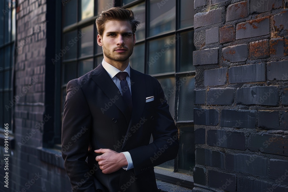 A confident businessman in a suit standing next to a brick wall, A business man in a tailored suit standing confidently A confident businessman in a suit standing next to a brick wall, A business man in a tailored suit standing confidently