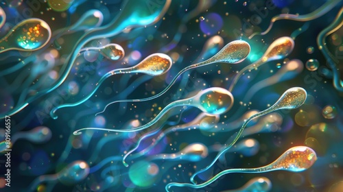 Close-up digital artwork of sperm cells in a dynamic, fluid environment, highlighted with vivid colors and sparkling effects. © Fostor