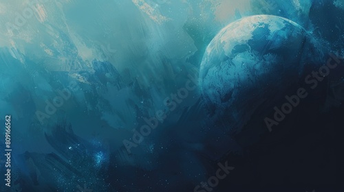 Digital artwork of a mysterious blue planet set against an abstract, textured alien landscape.