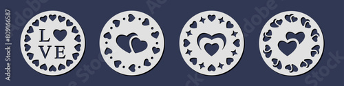 Vector set of laser cut circle coaster templates with hearts. Cnc cutting with metal, wood, paper, glass, leather. Round decorative panel design