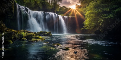 Stunning waterfall in lush green forest at sunset
