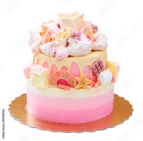 Gradient layered pink birthday cake with meringue clouds, chocolate stars, donuts and golden fondant crown for a little princess