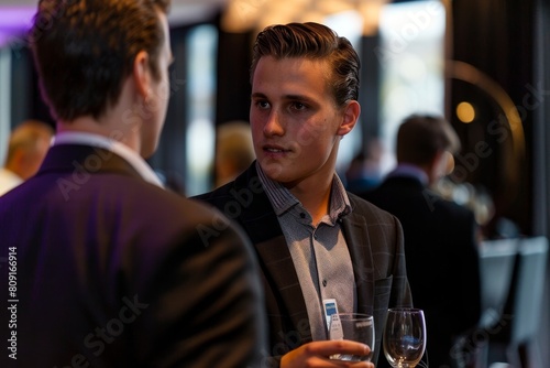 A man in business attire stands next to another man holding a wine glass at a corporate networking event, A business man networking at a corporate event