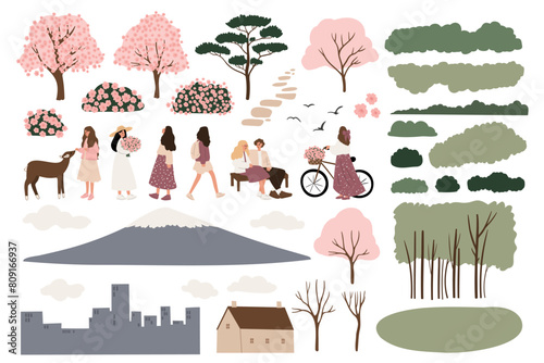 Women enjoying nature set. Women walk park paths, feed deer, cycle with flowers, sit on benches surrounded by blossoming trees, meadows, mountain and wildlife. Flat vector illustrations clipart.