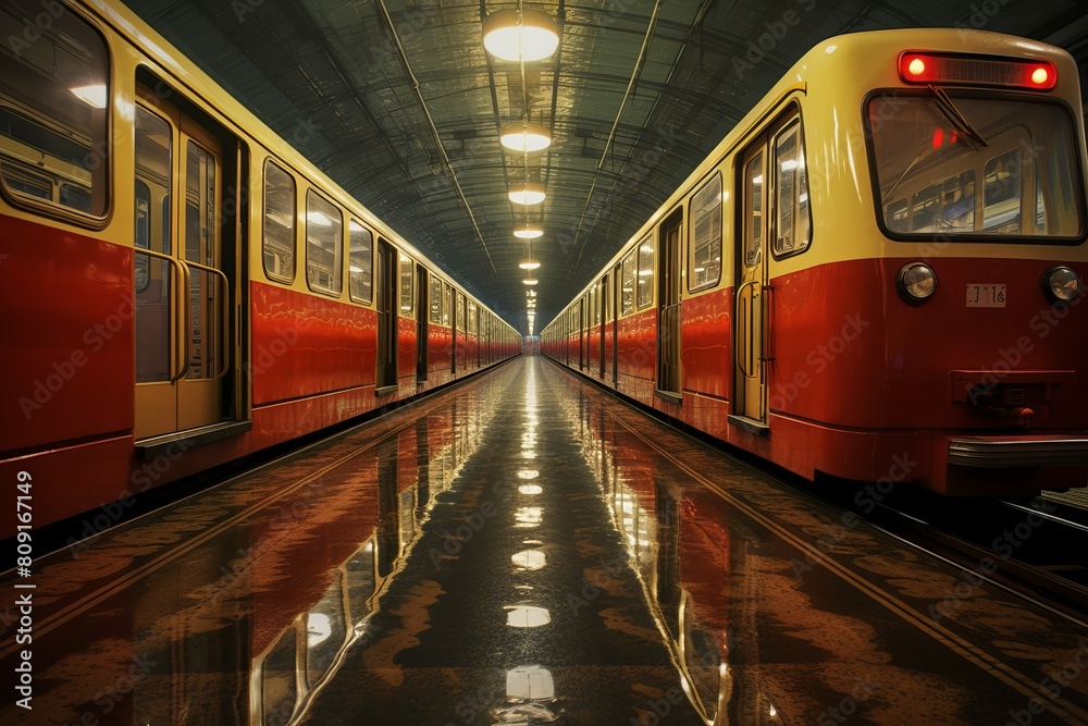 Obraz premium High-speed Metro railway. Rail wagon motion. Generate Ai