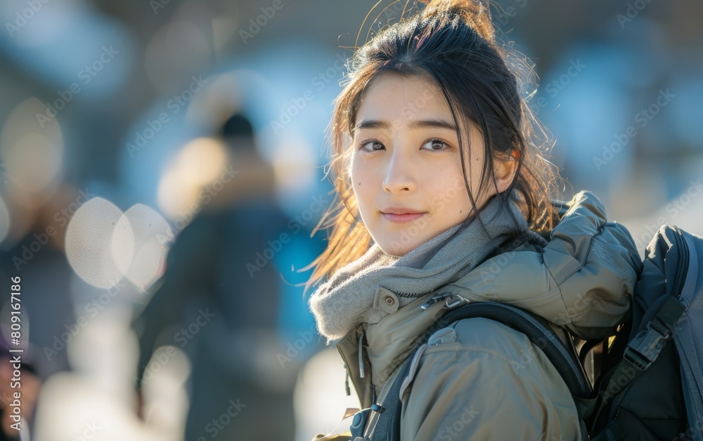 A woman wearing a backpack is making direct eye contact with the camera A woman wearing a backpack is making direct eye contact with the camera