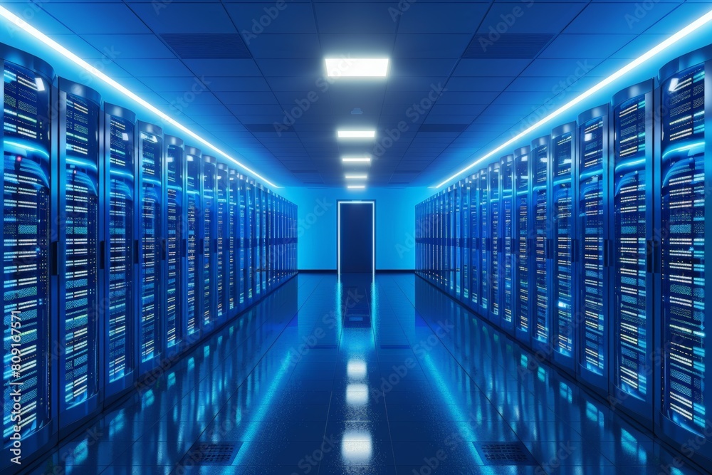 Multiple servers neatly aligned in rows inside a data center illuminated by blue lighting, showcasing a high-tech computing environment