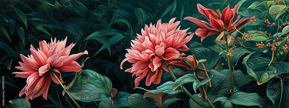 view of dark pink dahlias in bloom on a lush green background. Floral design concept for wallpaper, greeting card, poster, invitation. Mother's and woman day. view of dark pink dahlias in bloom on a lush green background. Floral design concept for wallpaper, greeting card, poster, invitation. Mother's and woman day.
