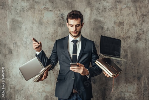 A man in a suit holding a book and a cell phone, A businessman with a smartphone in hand, multitasking with ease photo