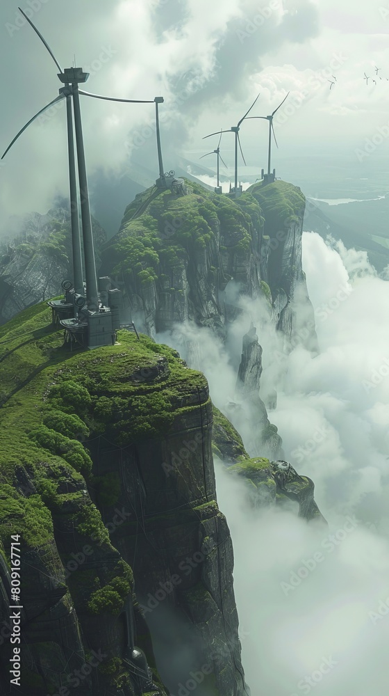 Fototapeta premium wind generators on a cloudy ridge