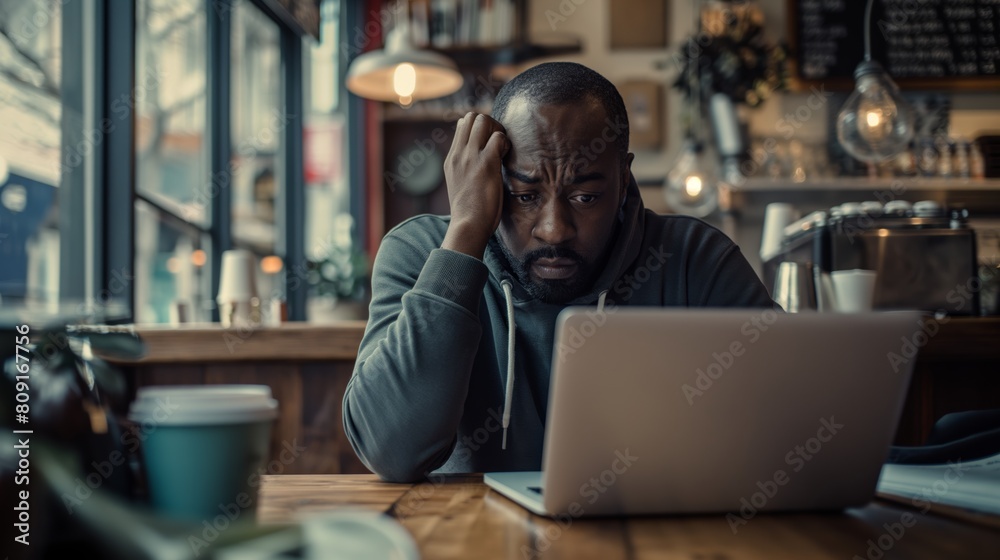 Stressed African American Man Working on Laptop in Coffee Shop Stressed African American Man Working on Laptop in Coffee Shop