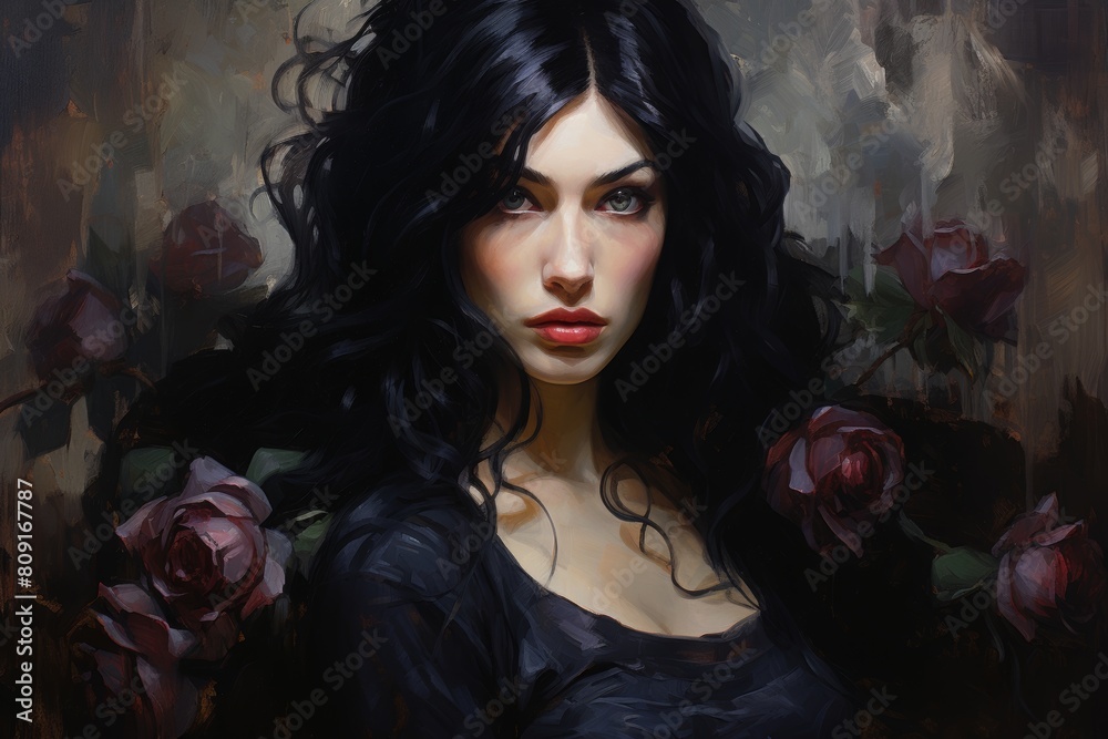 Mysterious woman with dark hair and red lips Mysterious woman with dark hair and red lips
