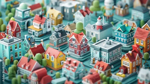 a centered wide shot isometric pixel art small Scandinavian town gradually going big to small, isolated