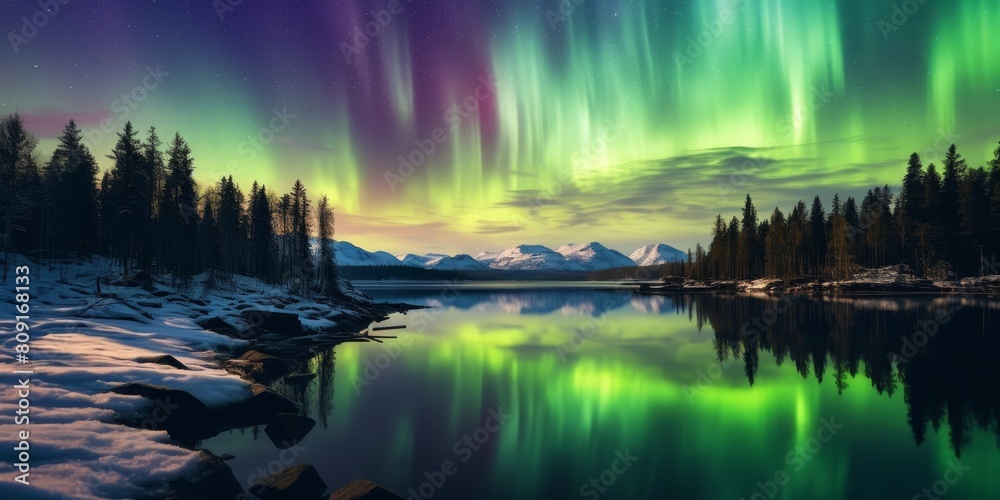 Stunning northern lights over snowy mountains and frozen lake