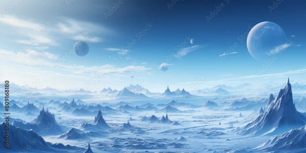 Futuristic alien landscape with floating mountains and moons Futuristic alien landscape with floating mountains and moons